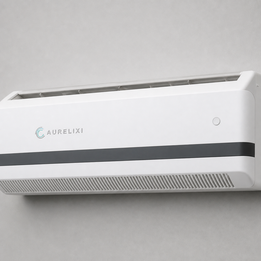 Aurelixi Aeris Wall space-saving air purifier with integrated Aurelixi logo