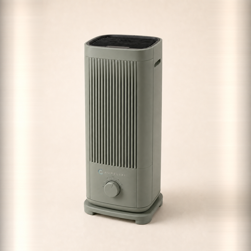 Aurelixi Aeris Sage slim air purifier with integrated Aurelixi logo