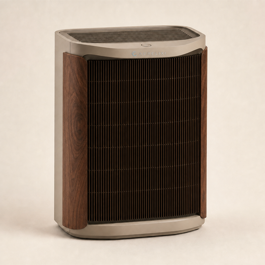 Aurelixi Aeris Luxe walnut air purifier with integrated Aurelixi logo