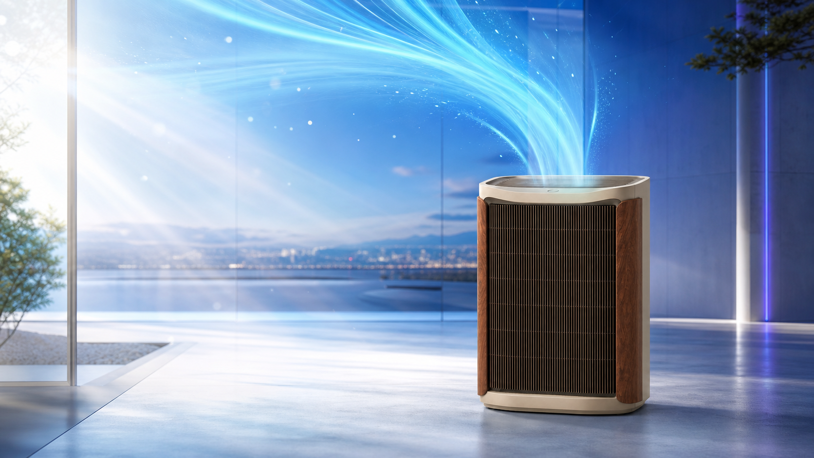 Aurelixi air purifier in a luminous clean-air environment